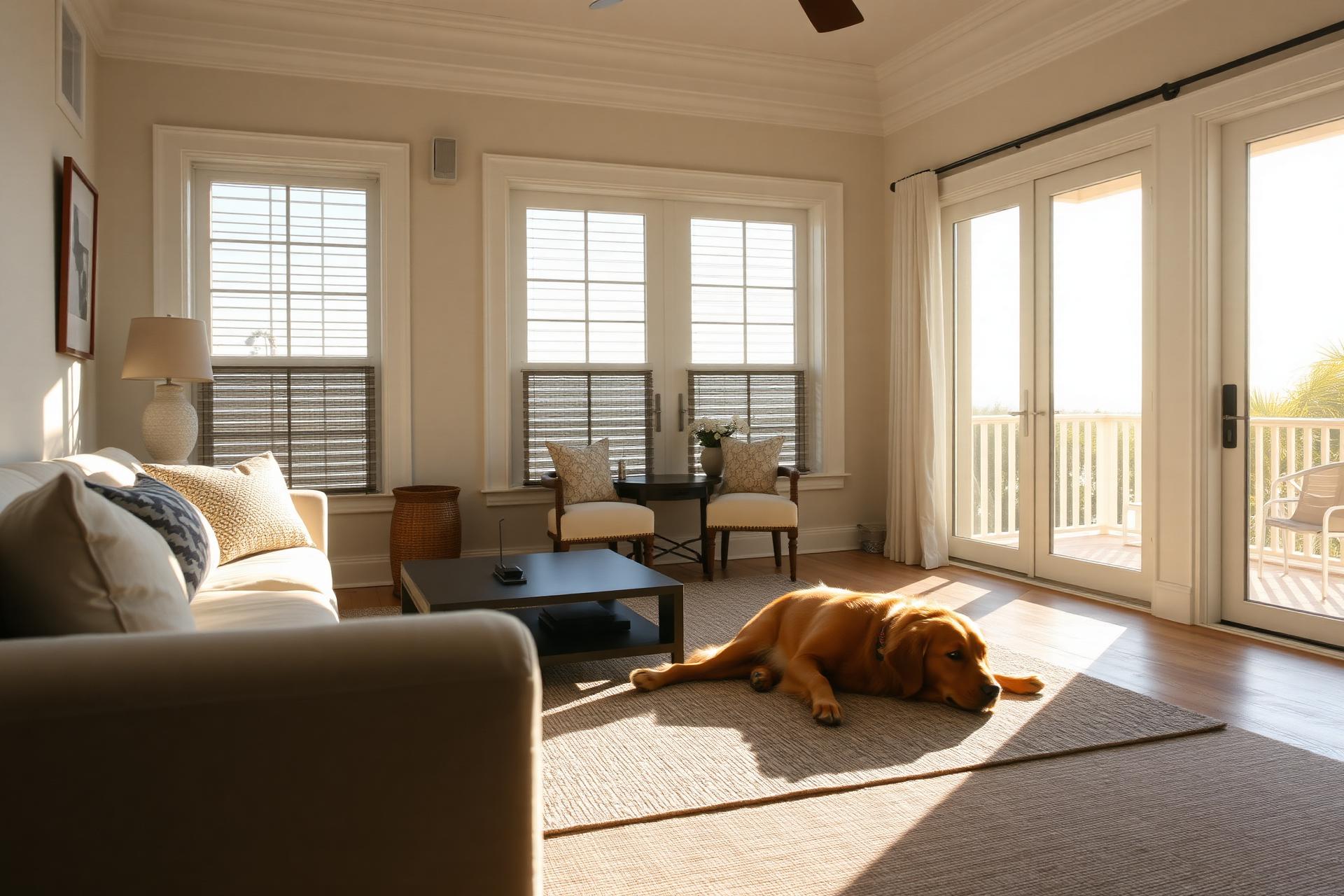 Golden retriever resting peacefully in a bright, welcoming coastal home
